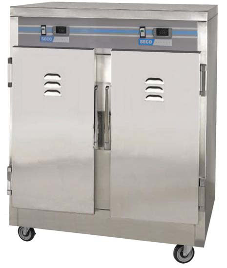 Heavy duty heated holding transport cabinet for use with 12" x 20" pans.
